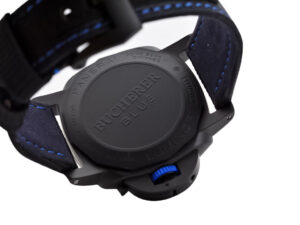 Back view of Luminor 1950 44 GMT Automatic ‘Bucherer Blue Label Edition’ with DLC-coated ceramic case and blue accents.