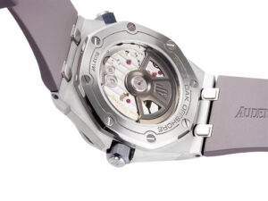 Back view of the Royal Oak Offshore Diver Stainless Steel watch, showcasing its open case back & visible mechanical movement.