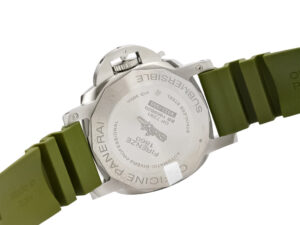 Back view of the Luminor Submersible 42 3 Days Automatic 'Verde Militare' watch with stainless steel case and green strap.