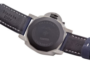 Back view of the Luminor 1950 44 3 Days Automatic ‘Volcano Blu – Fibratech’ watch, showing its composite case and strap stitching.