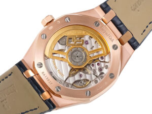 Close-up of the 41mm Royal Oak Pink Gold '50th Anniversary' watch case back, showcasing its movement and leather strap.