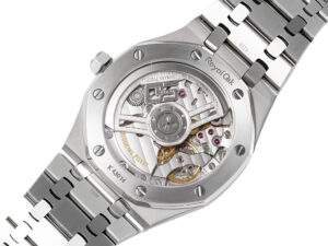 Back view of the Royal Oak Stainless Steel '50th Anniversary' watch (41mm), showcasing its intricate mechanical movement.
