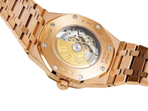 Back view of the Royal Oak Pink Gold 41mm watch, showcasing its gold rotor and visible movement through a crystal caseback.