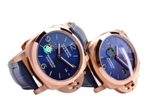 Luminor 1950 44 3 Days Automatic Goldtech Cushion Case watches with ‘Sole Blu’ Sunburst Dial on display.