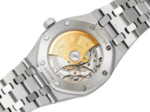 Back view of Royal Oak Stainless Steel with Silver Dial (37mm) showcasing its intricate gold and steel automatic movement.