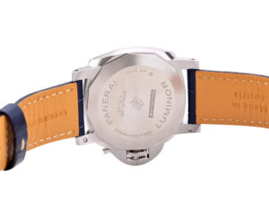 Back view of Luminor 1950 Marina 3 Days Automatic watch showcasing stainless steel case, engraved details, and blue strap.
