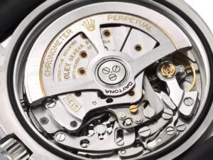 Close-up view of the intricate movement inside the Cosmograph Daytona Stainless Steel ‘Panda’ (2023) chronometer.