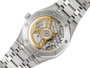 Back view of the Royal Oak Stainless Steel with Grey Dial (41mm) – 15500, showcasing its intricate automatic movement.