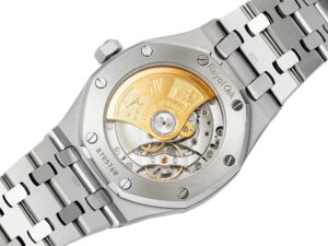 Back view of the Royal Oak Stainless Steel with Grey Dial (37mm), showcasing intricate automatic movement and steel bracelet.