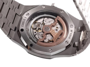 Rear view of the Royal Oak ‘Jumbo Extra-Thin’ Stainless Steel (39mm) showcasing its open caseback and visible movement.