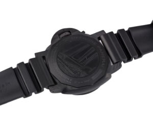 Rear view of the Luminor Submersible 47 Luna Rossa 'Carbotech' watch showcasing its carbon case and black rubber strap.