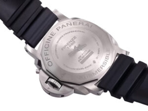 Case back of Luminor Submersible 47 3 Days Automatic BMG-Tech watch, showcasing engraved details and black rubber strap.