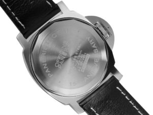 Back view of the Luminor Base Logo Paneristi 15th Anniversary watch showcasing its stainless steel case and engraved details.