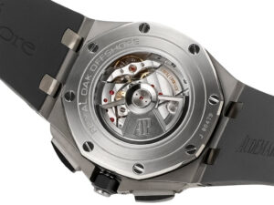 Rear view of the Royal Oak Offshore Chronograph in stainless steel, showcasing visible mechanical movement and engravings.
