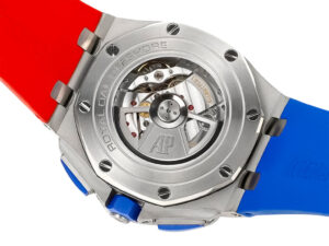 Case back view of the Royal Oak Offshore Chronograph 'Russian Flag' featuring a visible movement and red and blue straps.