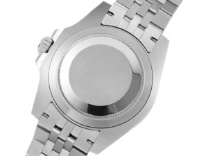 Back view of the GMT-Master II Stainless Steel ‘Pepsi’ on Jubilee bracelet (40mm), showcasing its polished case back.