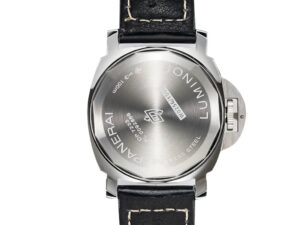 Back view of the Luminor 44 Logo 3 Days watch, showcasing polished stainless steel case and black leather strap stitching.