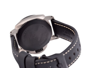 Back view of the Luminor 1950 44 3 Days Automatic ‘TuttoGrigio’ watch showcasing its titanium case and black leather strap.