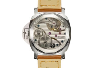 Back view of the Luminor Marina Stainless Steel watch showcasing exposed mechanical movement and brown leather strap.