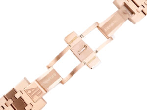 Close-up of the pink gold bracelet clasp featuring engraved details on the Royal Oak Perpetual Calendar watch (41mm).