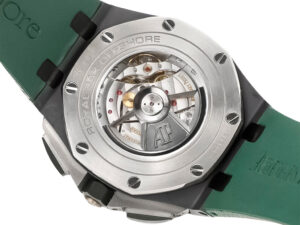 Back view of the Royal Oak Offshore Chronograph Ceramic with Green Dial and Bezel (44mm) showcasing its intricate mechanism.