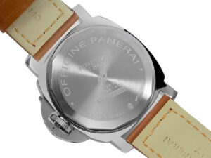 Back view of Luminor Marina Logo Stainless Steel watch showcasing its engraved caseback, with a brown leather strap attached.