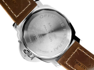 Back view of Luminor Marina 8 Days 'Paneristi' watch showcasing stainless steel case, engravings, and brown leather strap.