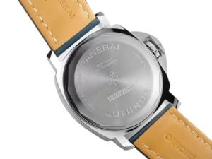 Back view of the Luminor Marina Logo 3 Days 'Blu Mare Edition' watch, showcasing its stainless steel Bettarini-style case.