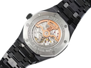 Case back view of the Royal Oak ‘Perpetual Calendar’ Ceramic with Black Dial (41mm), showcasing intricate movement design.
