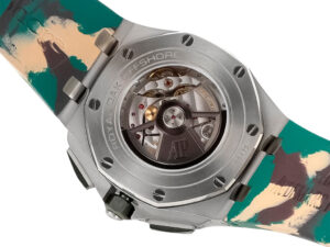 Back view of the Royal Oak Offshore Chronograph Stainless Steel with Beige Dial, showcasing its detailed open case back.