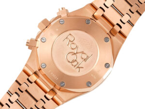 Back view of the Royal Oak Chronograph Pink Gold (41mm) with engraved case back and intricate links on a gold bracelet.