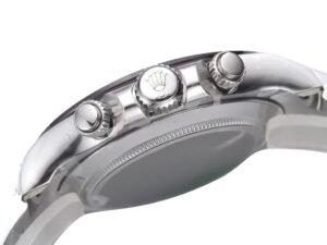 Side view of the Cosmograph Daytona Platinum with Ice Blue Diamond Dial, showcasing its polished case and crown detail.