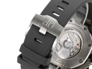 Close-up of Royal Oak Offshore Chronograph Stainless Steel watch back with visible movement and black rubber strap clasp.