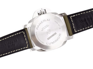 Back view of Luminor 1950 44 3 Days Automatic watch featuring stainless steel case, engravings, and black leather strap.