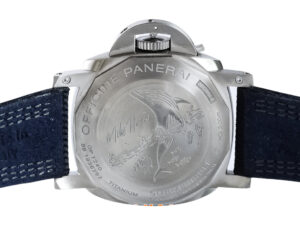 Back view of the Luminor Submersible 47 ‘Mike Horn Edition’ Titanium Case with engraved signature and shark motif design.