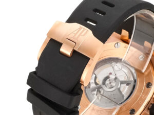 Close-up of the Royal Oak Offshore Chronograph Pink Gold watch's case back, featuring a black strap and visible mechanism.