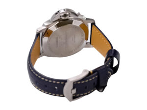 Back view of the Luminor Due 42 Automatic Titanium Case watch, featuring a blue leather strap and stainless steel clasp.