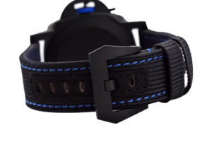 Black strap with blue stitching and black DLC-coated ceramic buckle, part of the Luminor 1950 GMT Bucherer Blue Edition.
