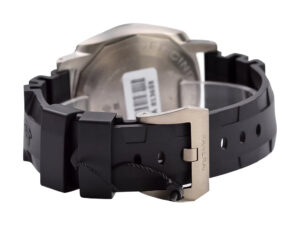 Back view of the Luminor Submersible 47 3 Days Automatic 'BMG-Tech' watch showing the titanium case and black rubber strap.