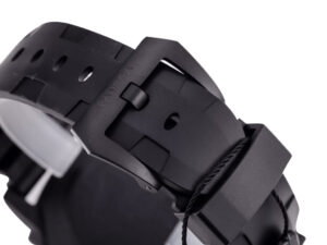 Close-up view of the black rubber strap and matte black titanium buckle of the Luminor Submersible 47 Carbotech watch.