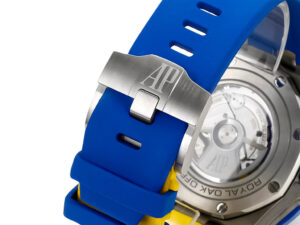 Royal Oak ‘Offshore Chronograph’ Ukrainian Flag (44mm) watch featuring a blue strap, yellow accents, stainless steel clasp.