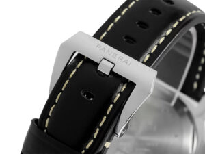 Close-up view of the buckle and leather strap of the Luminor Base Logo Paneristi 15th Anniversary handwound watch.