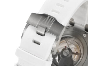 Close-up of the Royal Oak Offshore Chronograph 44mm ceramic watch, showing the white strap and visible case back details.