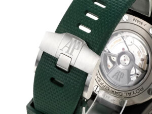 Close-up of the Royal Oak Offshore Chronograph Ceramic, showcasing green strap, steel clasp with AP logo, visible case back.