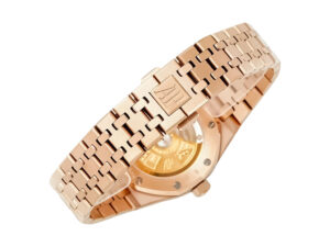 Royal Oak Pink Gold watch with linked bracelet and visible case back showcasing movement, displayed on a product page.
