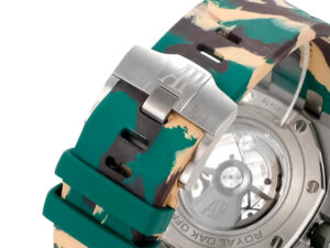 Close-up of the back of the Royal Oak Offshore Chronograph Stainless Steel watch with beige dial, green and beige strap.