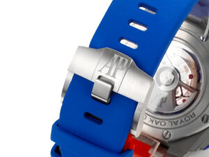 Royal Oak ‘Offshore Chronograph’ ‘Russian Flag’ (44mm) watch with a blue strap, stainless steel clasp, and open case back.