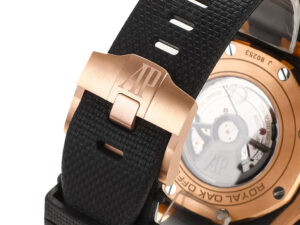 Close-up of the Royal Oak ‘Offshore Chronograph’ Ceramic and Pink Gold with Grey Dial (44mm) clasp and back case detail.