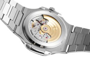 Back view of the Nautilus Stainless Steel with Blue Dial (41mm), showcasing its intricate internal mechanical movement.