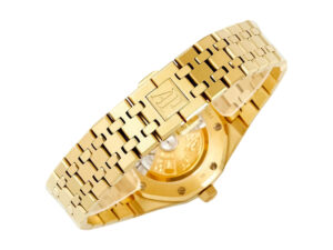 Royal Oak Yellow Gold watch with a view of its intricate bracelet and case back showcasing detailed craftsmanship.